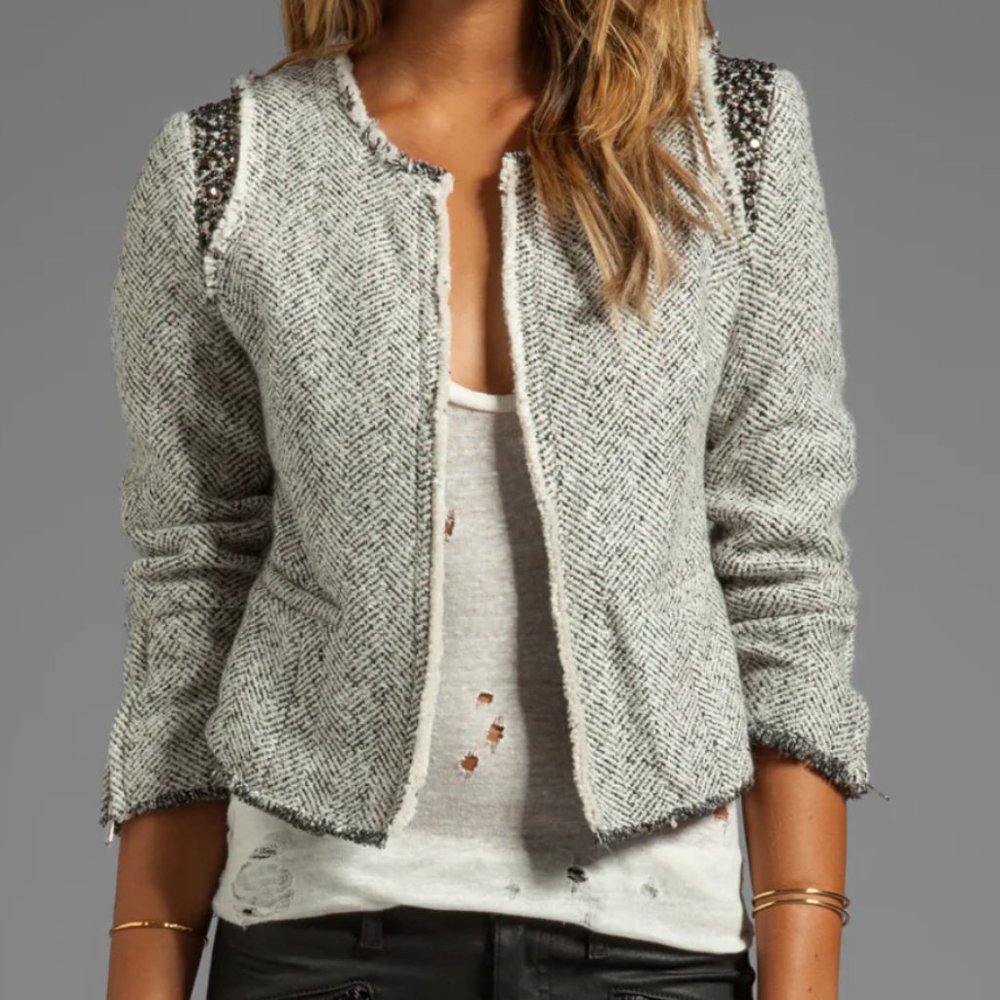 MM Couture by Miss Me Women's Tweed Jacket with Beads Small